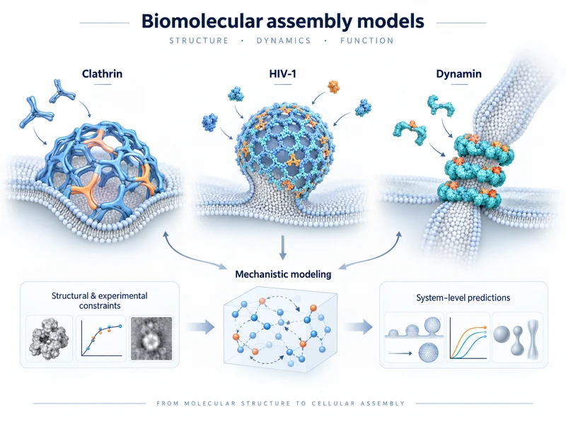 Biomolecular assembly models of clathrin, HIV-1, and dynamin, linking structural constraints to mechanistic models and system-level predictions.