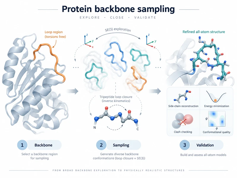 Protein backbone sampling: backbone selection, SE(3) exploration, inverse-kinematics loop closure, and all-atom validation.